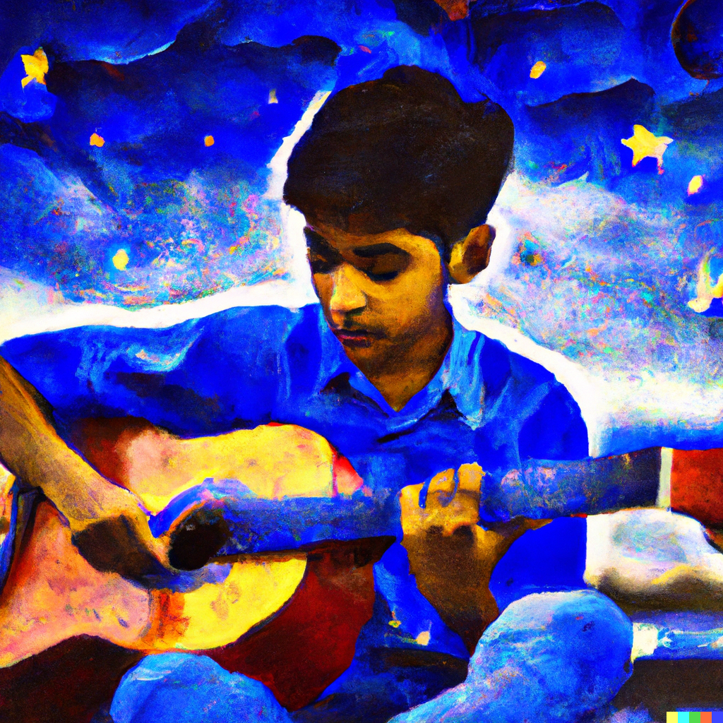 guitar playing kid in Vincent van Gogh starry night style